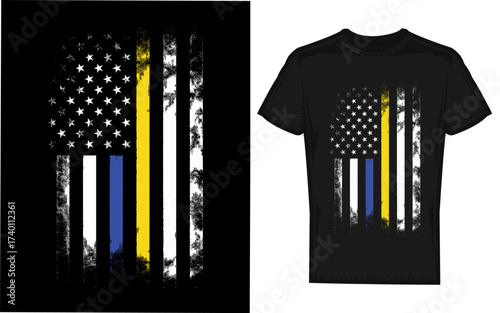 Gold and blue line silhouette of a 911 police dispatcher or first responder emblematic of emergency services and public safety