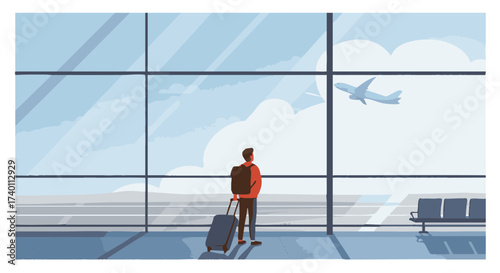Traveler Watching Airplane Take Off Through Airport Windows Vector Isolate