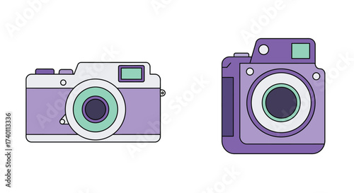 Two vintage style cameras in shades of purple and teal