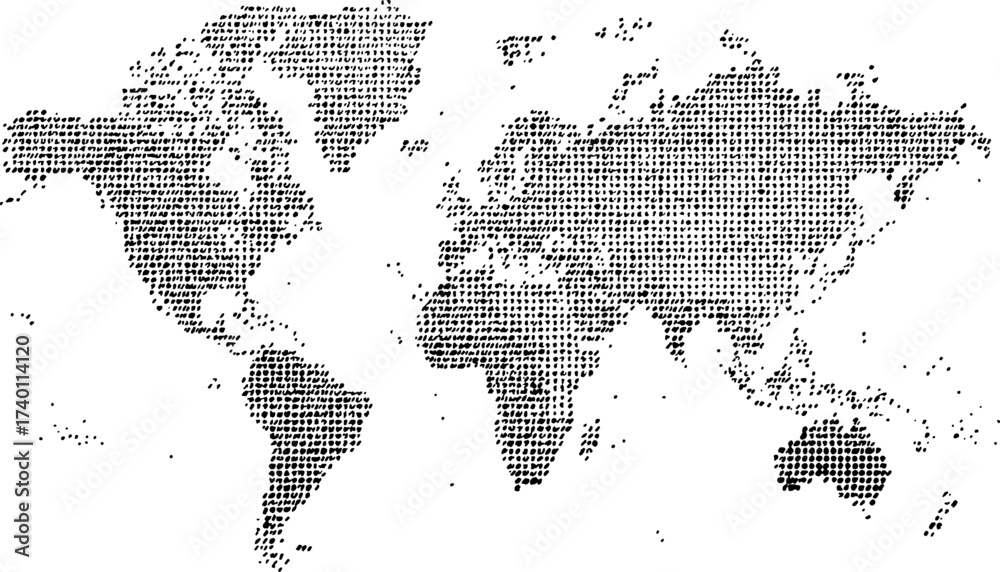Fototapeta Abstract world map created with small black dots on a white transparent background. World map, dotted style, flat design illustration, modern, isolated on white background. 