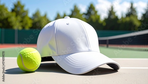 White cap and yellow tennis ball on red-green court with stadium backdrop—still, sporty, and game-ready in outdoor light.