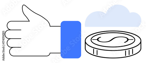 Hand giving thumbs-up beside coin with dollar sign and cloud. Ideal for finance, approval, success, savings, investment, digital services, positive feedback. Minimalistic flat metaphor