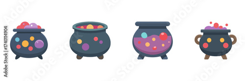 Magic Cauldron With Potion Halloween Icon Set, Cartoon Witch Brew With Bubbles And Toxic Elixirs Isolated On Transparent Background