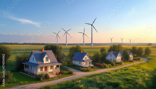 Countryside landscape with two-storey town and windmills in the fields.