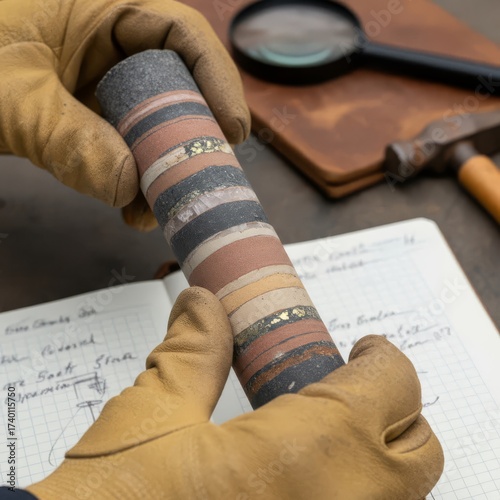 Geologist hands wearing gloves examining a long, cylindrical drill core sample. focus is sharp on the various mineral layers and rock strata within the core, subtle field notebook in the background