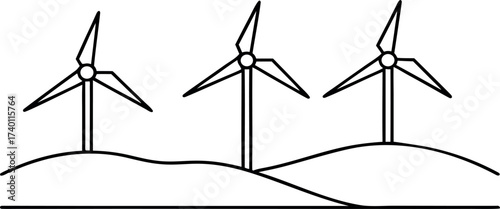 Minimalist line art of wind turbines on a hill