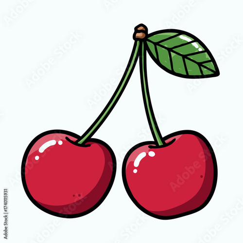 Cartoon cherries with green leaf on a light background  