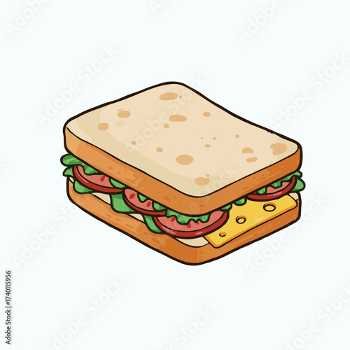 Cartoon sandwich with lettuce, tomato, and cheese layers  