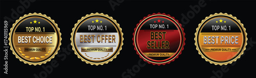 Collection of golden badges with best choice, best offer, best seller and best price on black background