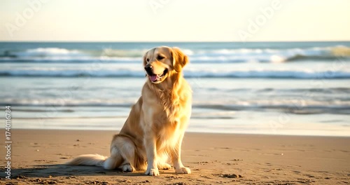 Golden retriever sitting on the beach at sunset with ocean waves in background