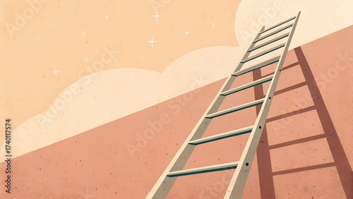 Minimal ladder to sky illustration symbolizing ambition, growth, career success, and achieving goals, pastel conceptual artwork for motivation, dreams, and business opportunity