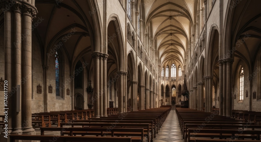Fototapeta premium Grand cathedral interior; soaring arches, stained glass windows, rows of wooden pews