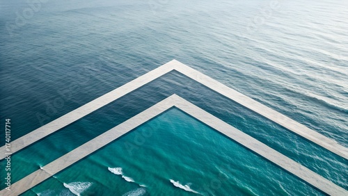 Surreal geometric ocean composition with layered chevron shapes over open sea, abstract modern seascape concept with turquoise waves and perspective illusion