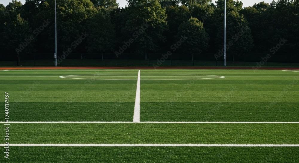 Fototapeta premium Green athletic field with painted white lines, trees in background