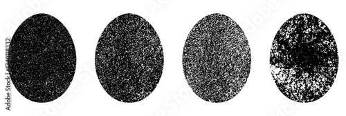 Four oval shapes with gritty, noisy textures. Black and white eggs on white background. Set of oval stamps 