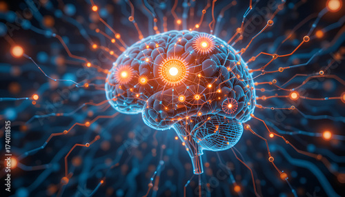 Dynamic 3D representation of the human brain with glowing neural connections, showcasing innovative technology & AI.