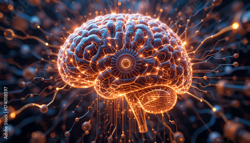 Dynamic glowing brain with neural connections visualizing intelligence, innovation, and technology, perfect for science and healthcare visuals