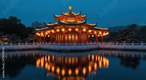 Illuminated Chinese pagoda reflected in calm water, dusk setting
