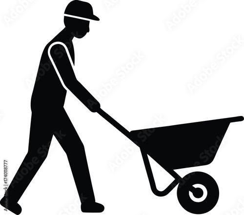Worker pushing wheelbarrow silhouette vector art illustration
