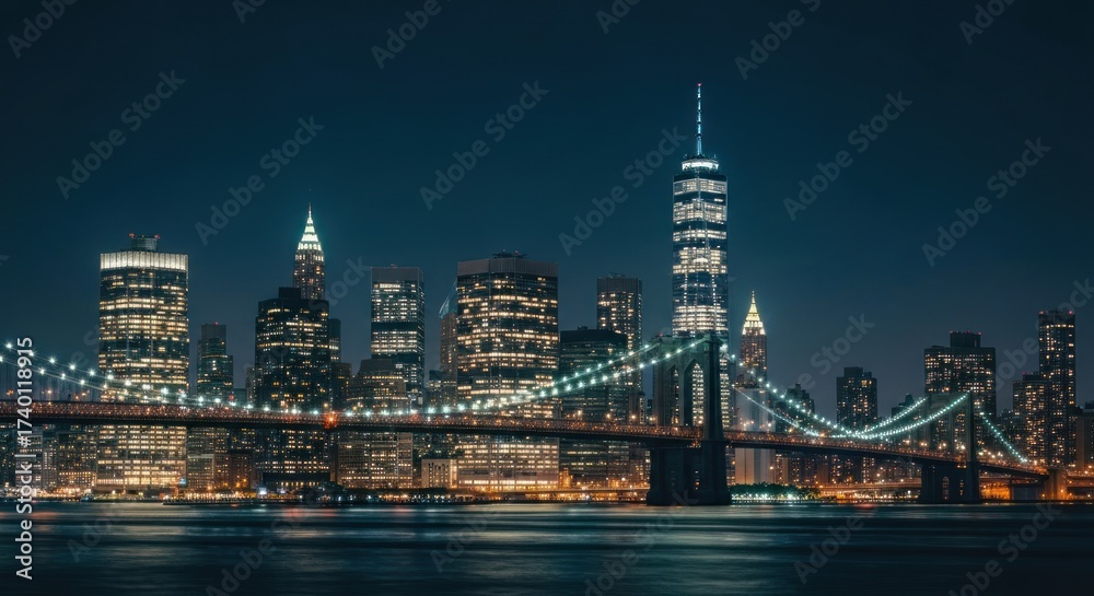 Fototapeta premium Illuminated cityscape skyline and bridge at night, over water reflections