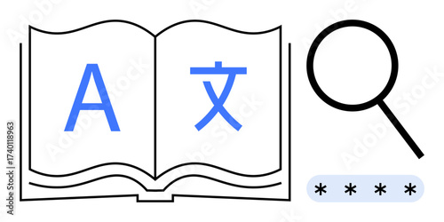 Open book with multilingual letters, large magnifying glass, and password field. Ideal for translation, language learning, research, education, decoding, text analysis simple flat metaphor