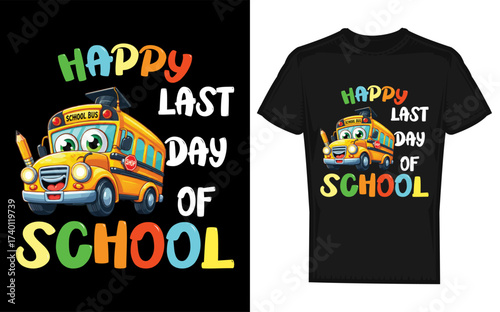 Happy last day of school celebration silhouette with bus teacher students and parents