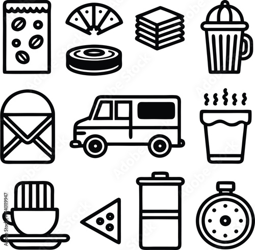 Simple line art icons for coffee shop business delivery and enjoyment diverse collection of food beverage and service graphics