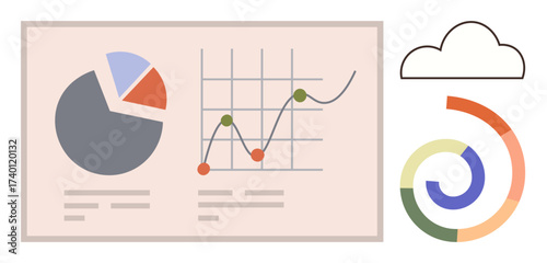 Pie chart, line graph with data points, cloud icon, and multicolor circular chart. Ideal for business analysis, progress tracking, report design, data trends, finance technology simple flat