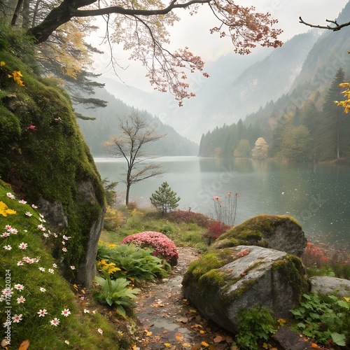 Tranquil forest lake with mossy rocks and colorful autumn flowers in soft morning mist, scenic mountain landscape with peaceful nature atmosphere, AI-generated fantasy nature scene
