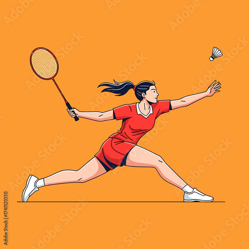 A female badminton player in red attire lunges to strike a shuttlecock with her racket during a match.