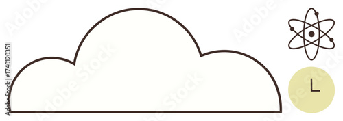Cloud outline paired with an atomic structure and a time icon conveying technology, innovation, storage. Ideal for science, technology, cloud computing, efficiency, data, modern solutions simple