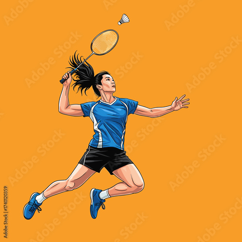 A female badminton player in mid-air swing, striking the shuttlecock with her racket, against an orange background.
