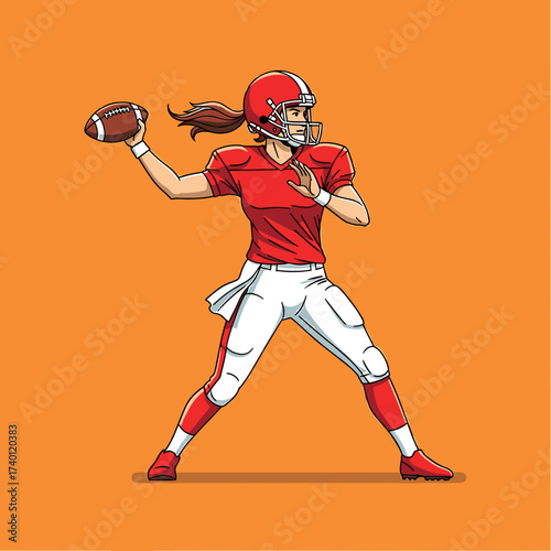 A female football player in a red uniform throws the ball, ready to pass.