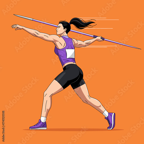 A female athlete in athletic wear throwing a javelin with focused determination against a solid orange background.