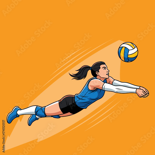 An illustration of a female volleyball player diving to hit the ball during a game.