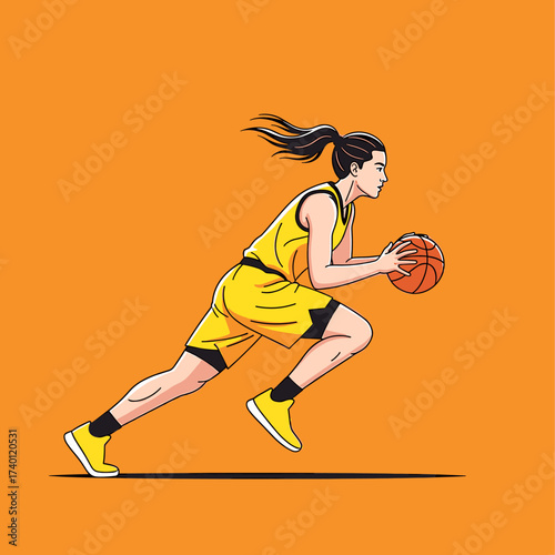 A female basketball player dribbles the ball while running, showing determination.