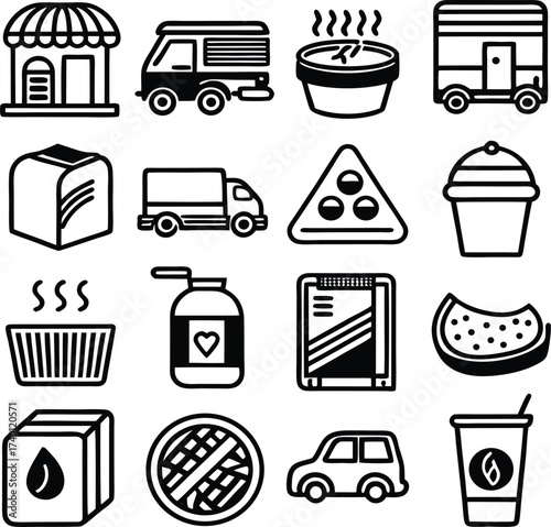 Collection of icons representing food delivery services transportation logistics and restaurant businesses simple line art style