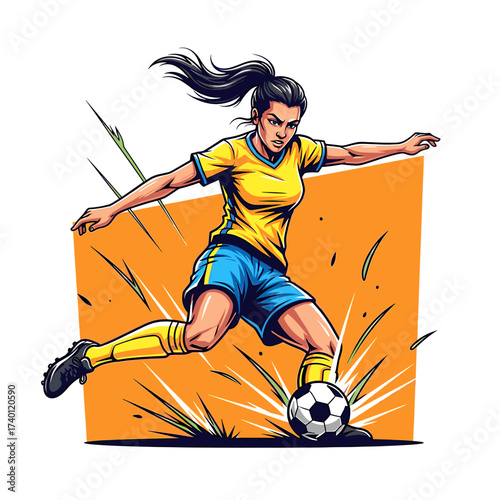 A female soccer player in a yellow and blue uniform kicks a soccer ball with force and determination.
