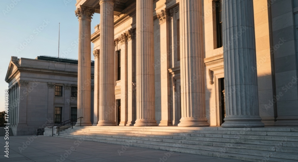 Fototapeta premium Majestic building facade with tall columns and stairs basked in sunlight