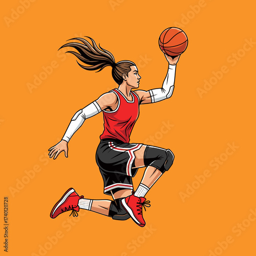 Female basketball player in red uniform jumping with a ball in her hand, against an orange background.