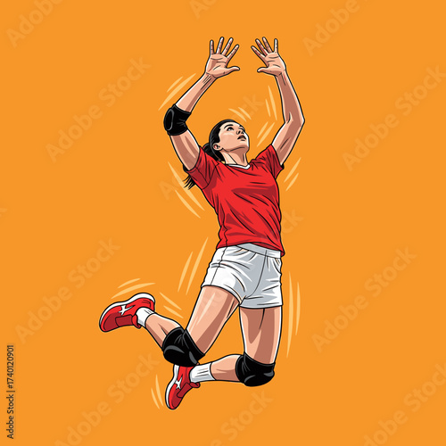 A female volleyball player jumps high, arms raised, ready to set the ball in a dynamic action pose.