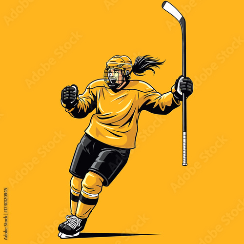Illustrated female hockey player in yellow uniform celebrating a goal, holding a stick on a yellow background.
