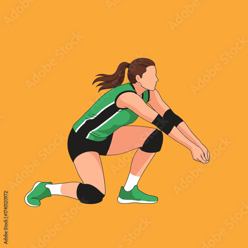 A female volleyball player in a green jersey, black shorts, and knee pads prepares to receive the ball.