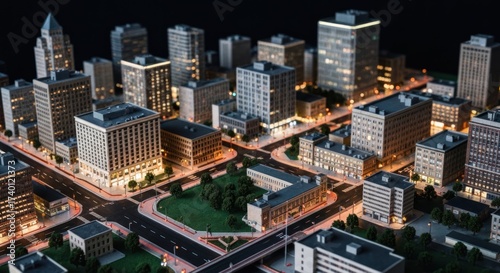Fototapeta Naklejka Na Ścianę i Meble -  Miniature illuminated city model with roads, buildings, and a small park