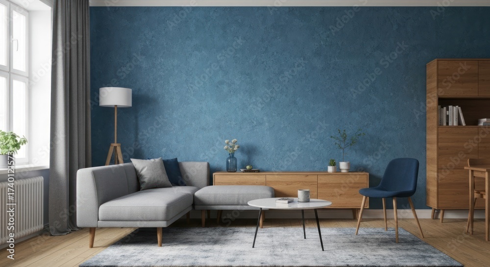 Fototapeta premium Modern living room with blue textured wall, gray sofa, and wood accents
