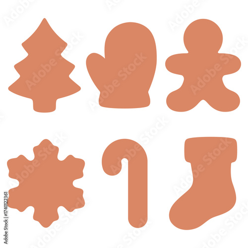 Set of christmas gingerbread cookie silhouette isolated on a white background. Gingerbread cookies in shape of christmas tree, glove, gingerbread man, snowflake, candy cane and stocking.