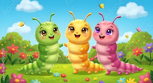 Playful Cartoon Caterpillars with Expressive Eyes in Bright, Colorful Outdoor Scene