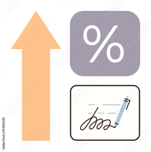 Orange upward arrow, percentage symbol in purple square, and signature with pen on document. Ideal for finance, banking, agreements, growth, interest rates contracts investment. Simple flat