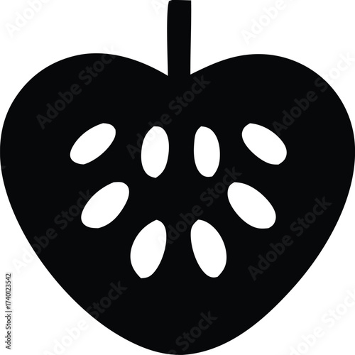 Simple silhouette icon of a stylized apple with visible seeds for healthy food and agriculture themes