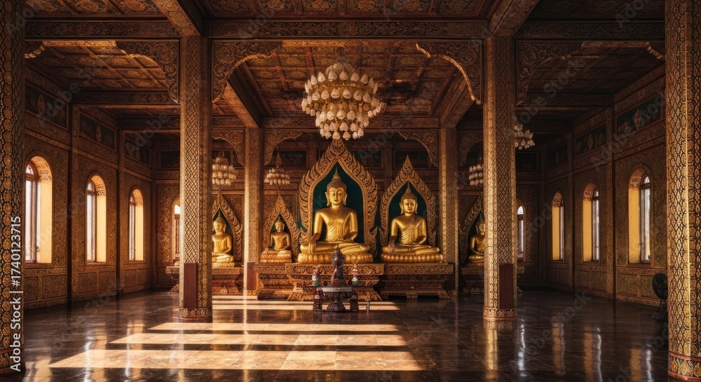 Obraz premium Ornate interior with golden Buddhas, columns, chandelier, sunlit floor